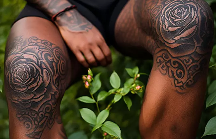 Neo ornamental black rose tattoos on a man’s knees