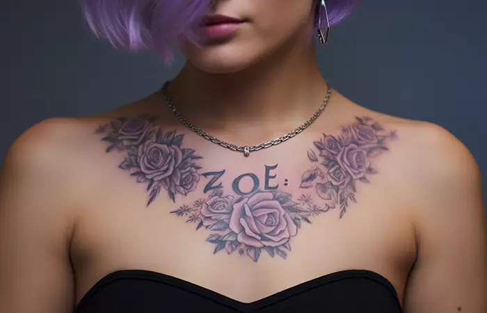 Ornamental style name and purple rose tattoo along the neckline