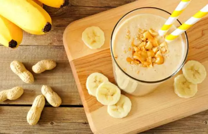 Peanut butter banana smoothie in a glass