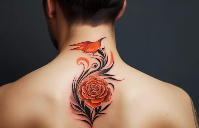A phoenix and rose neck tattoo on the nape