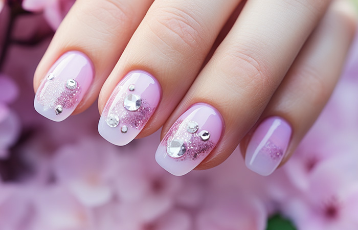A soft pink ombré effect with glitter and rhinestones