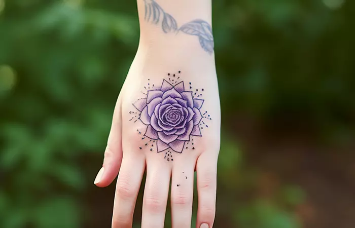 Purple rose mandala tattoo on the back of the hand