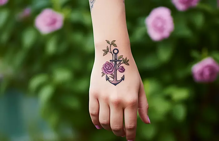 Purple roses and anchor tattoo on the back of the hand