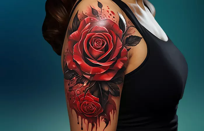 A large bleeding red rose tattoo on the upper arm