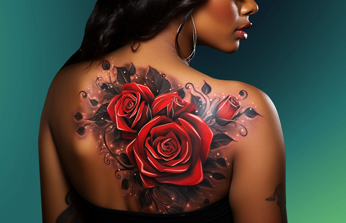 A bunch of magical red roses tattooed on the back