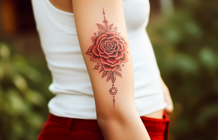 A crafty red rose tattoo on the upper arm