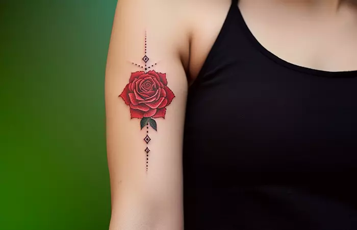 A red rose tattoo featuring tribal dots