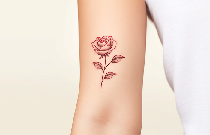 A fine line red rose outline tattoo on the upper arm