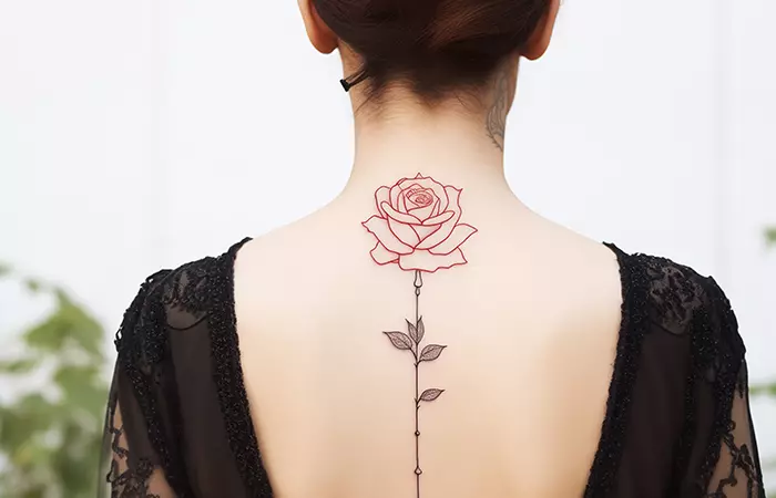 A delicate red rose outline with a long stem tattooed on the spine