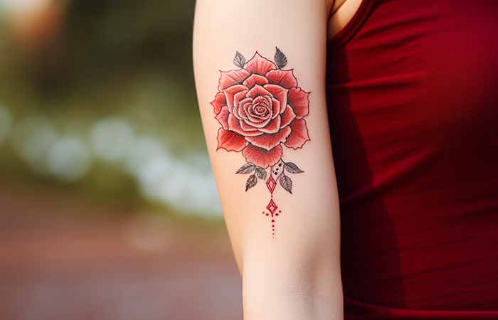 A minimal paper rose motif tattooed on the upper arm