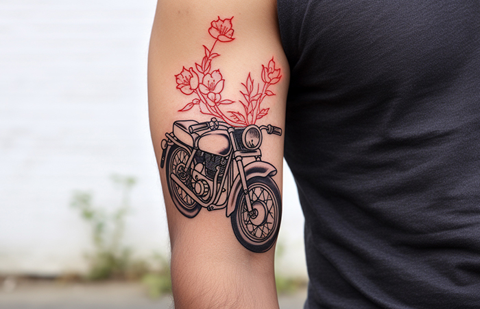 A biker's upper arm tattoo of a red rose outline