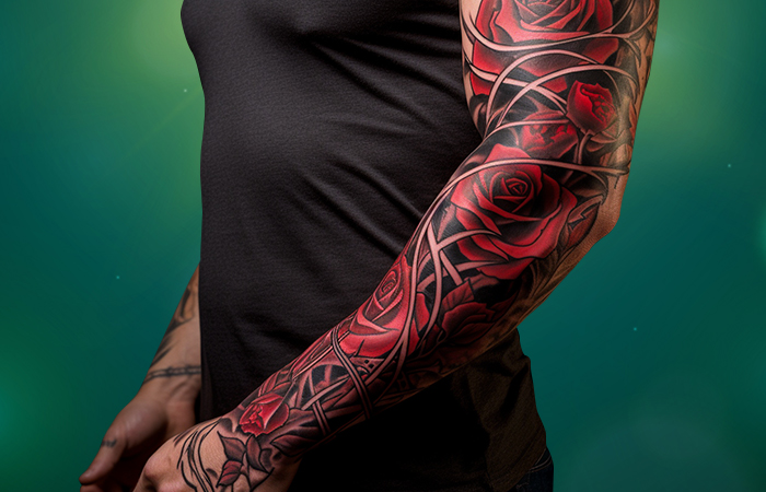 A winding rose vine sleeve tattoo