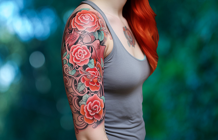An oriental-style red and orange rose sleeve tattoo