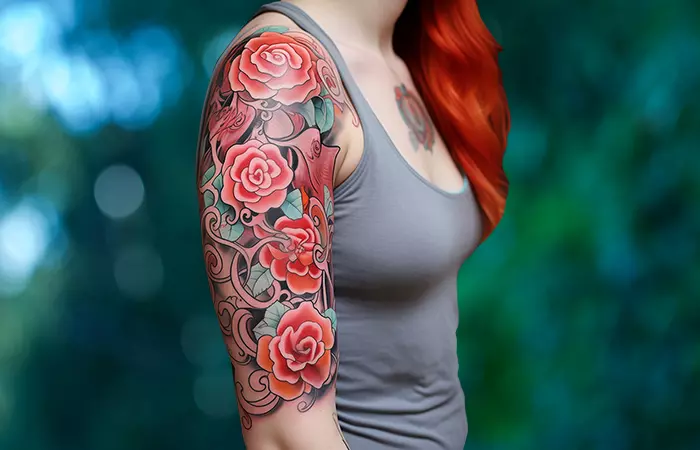 An oriental-style red and orange rose sleeve tattoo