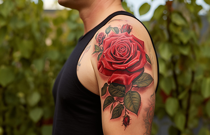 A large unfurled red rose tattoo on the bicep