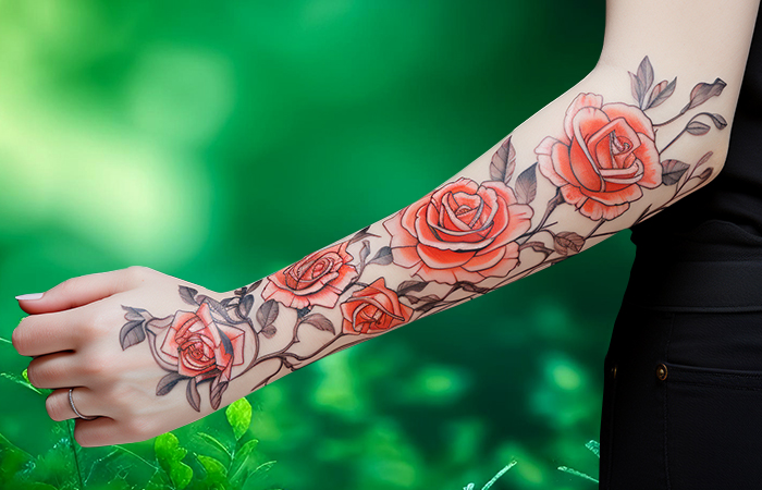 A comic-style faded red rose sleeve tattoo