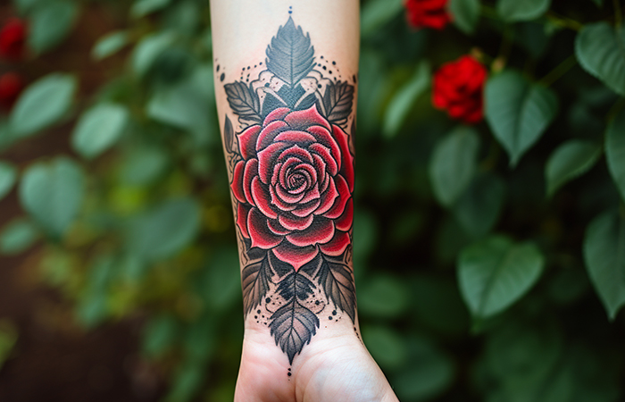A mandala-style wrist corsage tattoo of red roses