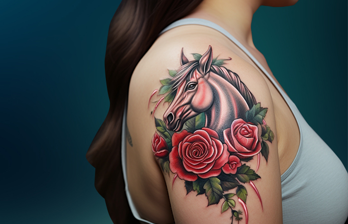 A horse with a red rose tattooed on the upper arm