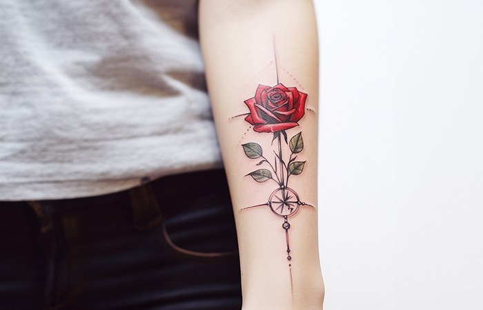 A red rose tattoo featuring a compass
