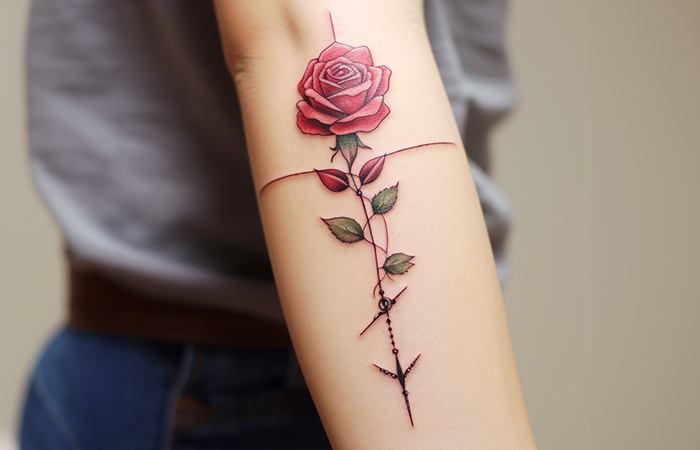 A red rose and arrow tattoo