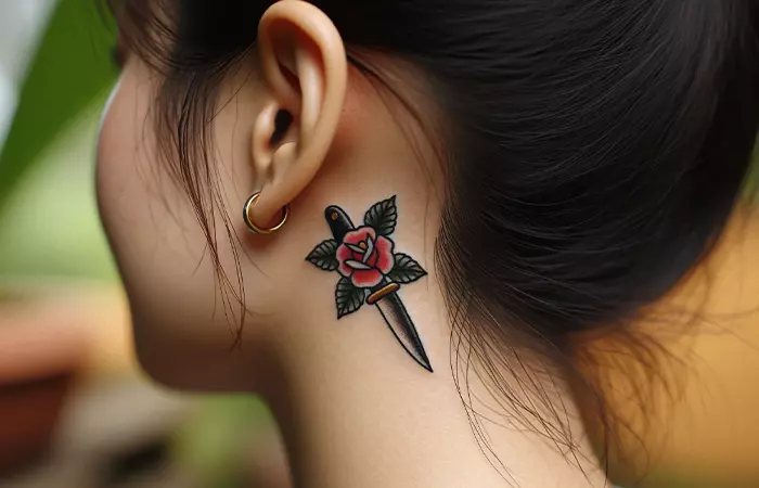 A knife with a red rose neck tattoo