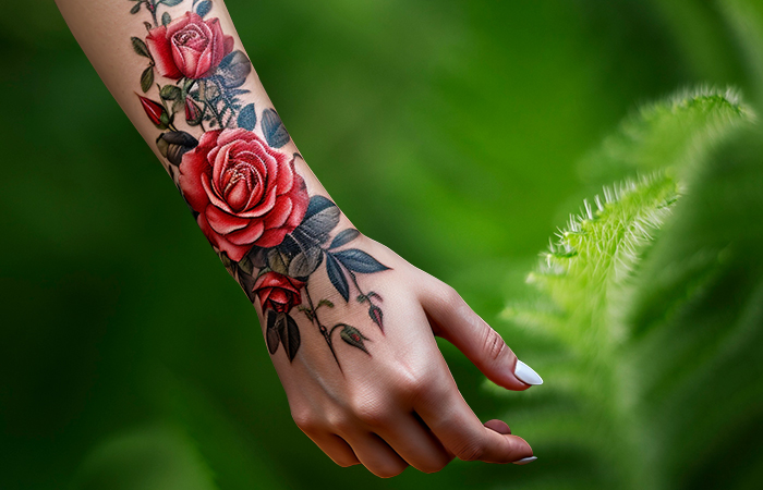A red rose tattoo corsage around the wrist
