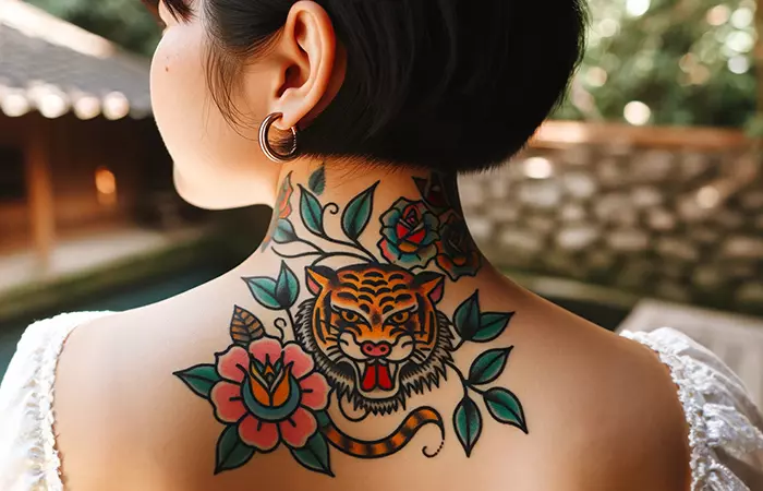 A tiger and red rose neck tattoo on the nape and spine