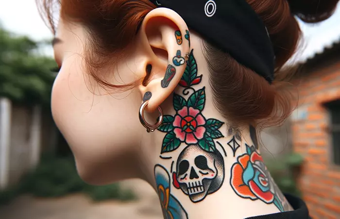 A skull and red rose neck tattoo behind the ear