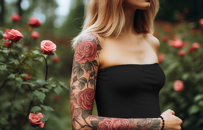 A muted red and pink rose sleeve tattoo