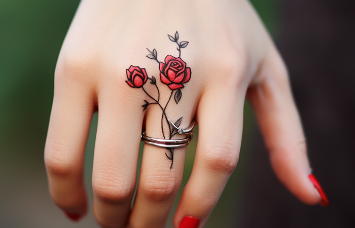 A minimal red rose finger tattoo