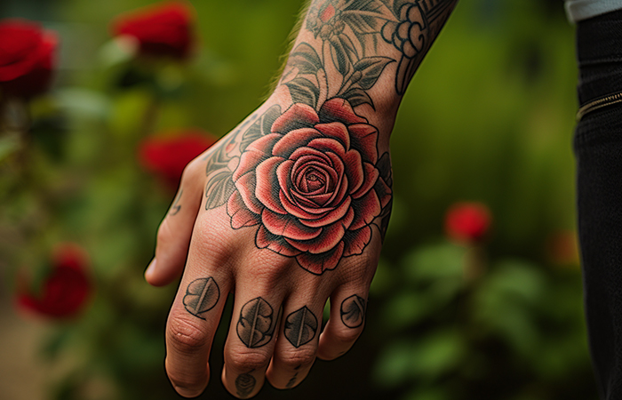 A wide red rose tattoo on the back of the hand