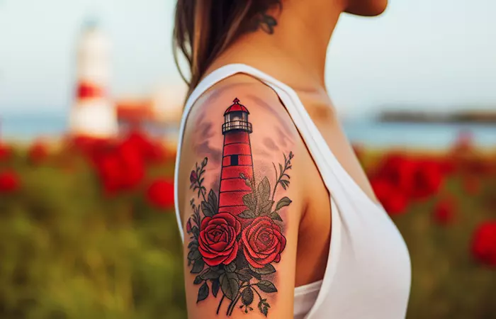 A shoulder tattoo of red roses and a red lighthouse