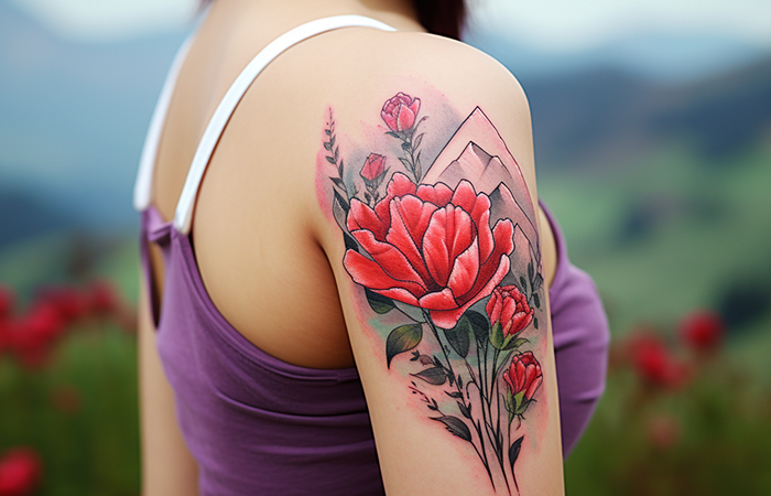 A shoulder tattoo featuring red roses with mountains in the backdrop