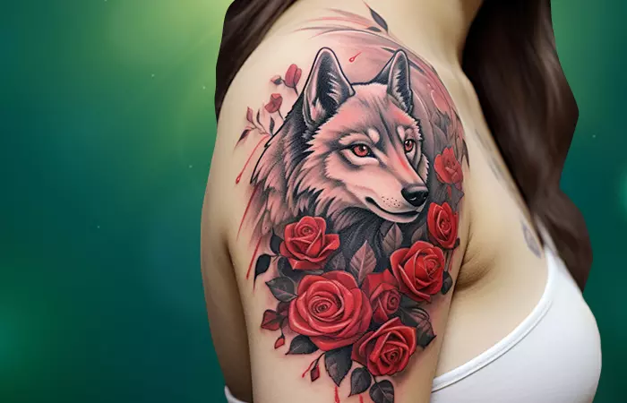 A gothic style red roses and wolf shoulder tattoo