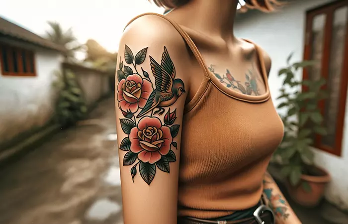 A red rose and owl tattoo on the upper arm