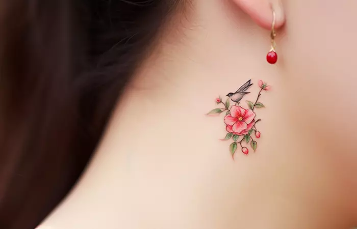 A delicate pencil-style red rose and bird tattoo