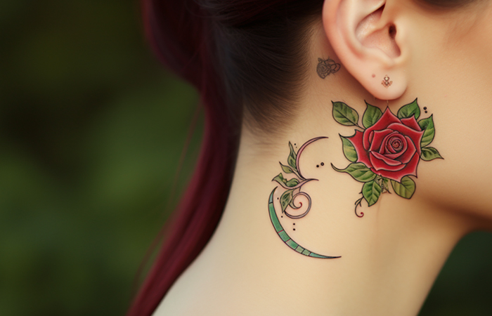 A red rose with a green crescent moon tattoo