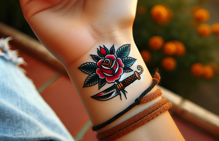 A red rose and dagger traditional tattoo on the wrist
