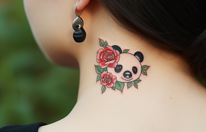 A minimalistic red rose tattoo with a panda