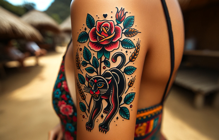 A red rose with a black panther tattoo on the upper arm