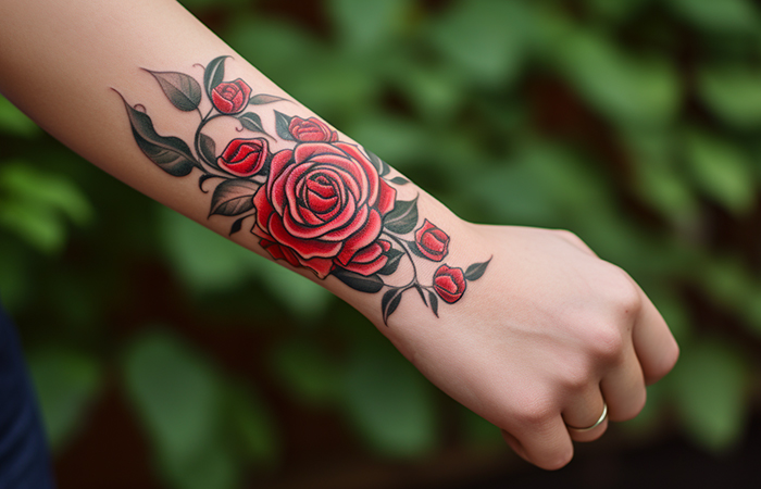 A neo-traditional fluid-lined red rose tattoo