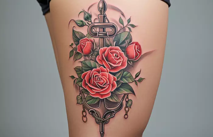 A red rose and anchor tattoo on the side of the thigh