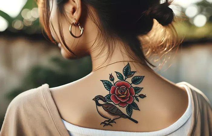 A sparrow and red rose neck tattoo at the base of the nape