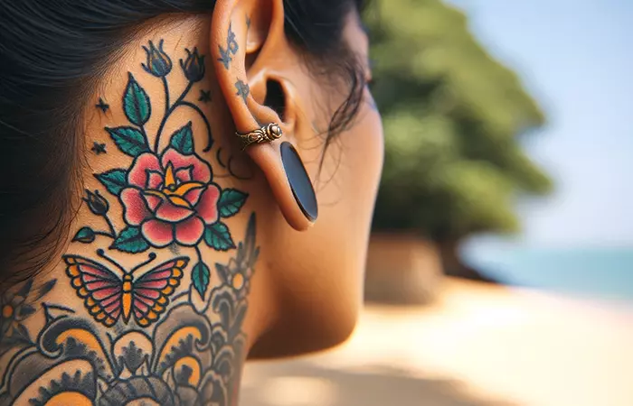 A butterfly with a red rose neck tattoo behind the ear
