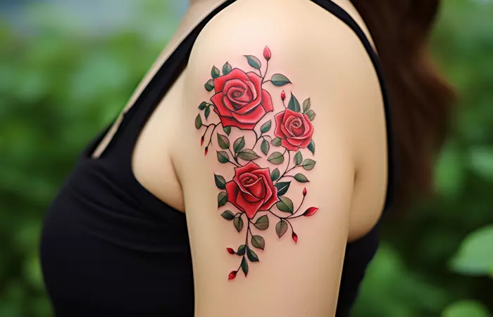 A shoulder tattoo depicting red roses with thick foliage