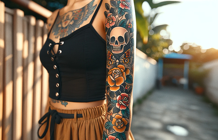 A gothic-style rose skull and butterfly sleeve tattoo