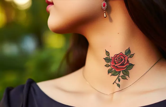 A neo-traditional American rose neck tattoo on the throat
