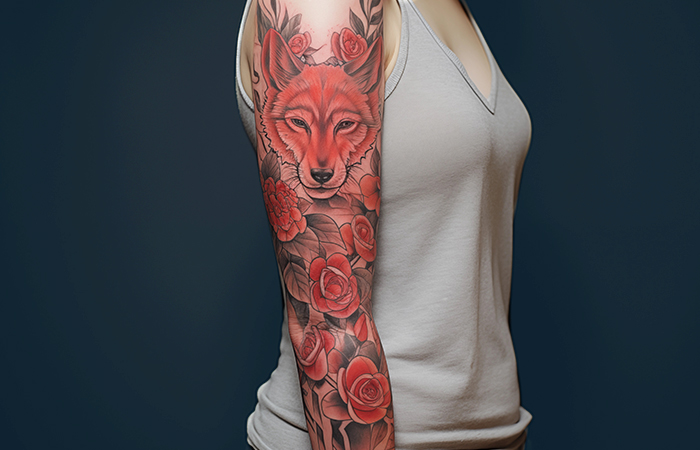 A red rose and wolf sleeve tattoo
