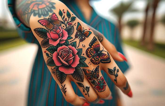 Rose and butterflies tattooed on the back of the hand