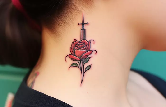 A rose and dagger tattoo on the side of the neck